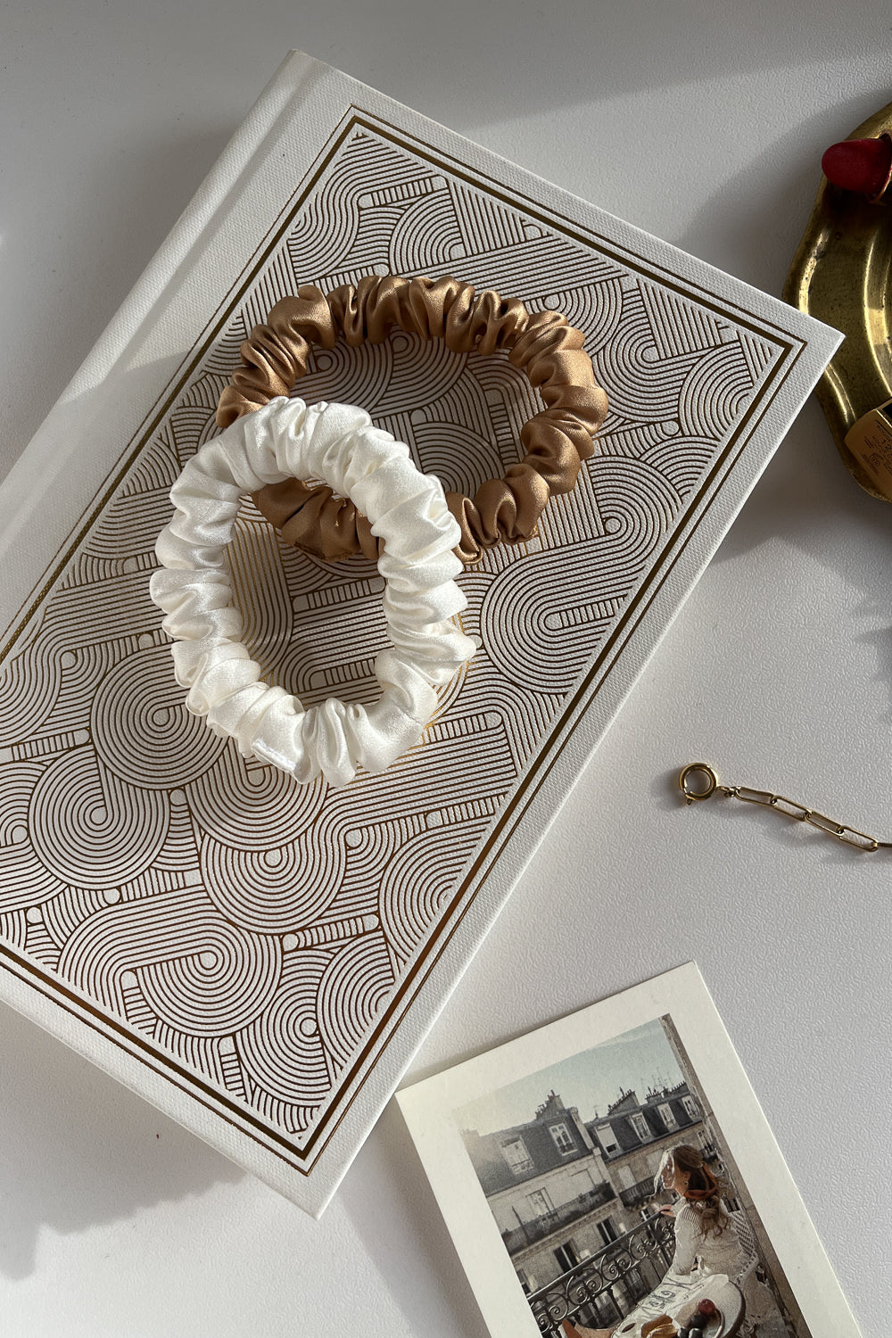 Set of 2 natural silk scrunchies - Golden Palm & White Pearl I S size Scrunchies Katrina Silks