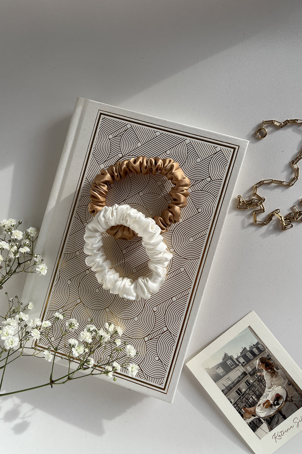 Set of 2 natural silk scrunchies - Golden Palm & White Pearl I S size Scrunchies Katrina Silks
