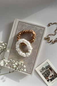 Set of 2 natural silk scrunchies - Golden Palm & White Pearl I S size Scrunchies Katrina Silks   