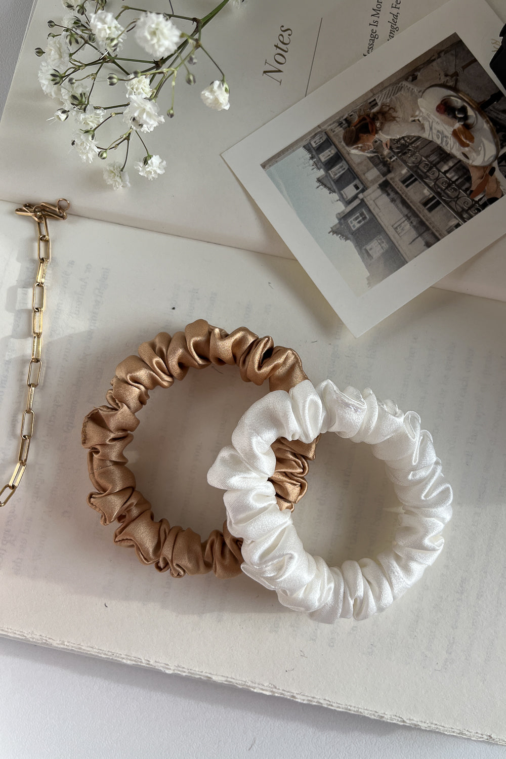 Set of 2 natural silk scrunchies - Golden Palm & White Pearl I S size Scrunchies Katrina Silks