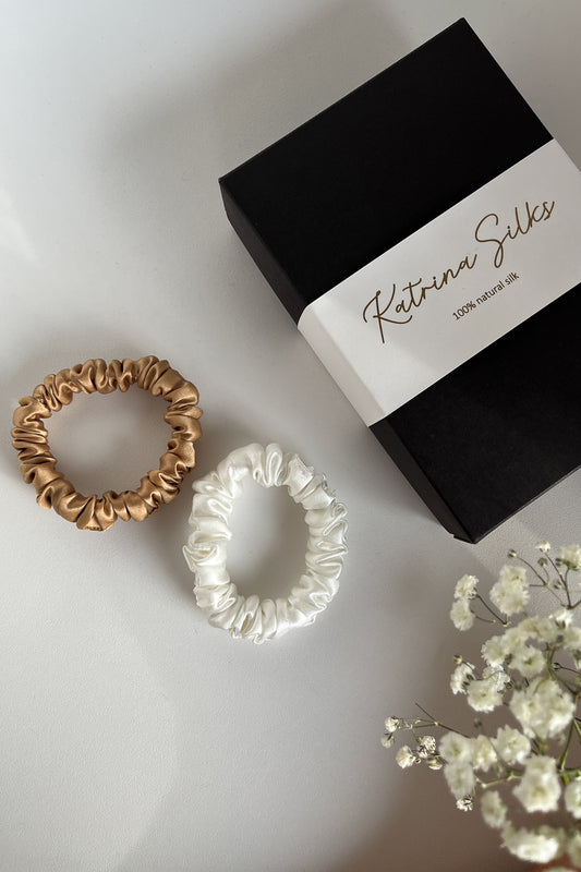 Set of 2 natural silk scrunchies - Golden Palm & White Pearl I S size Scrunchies Katrina Silks