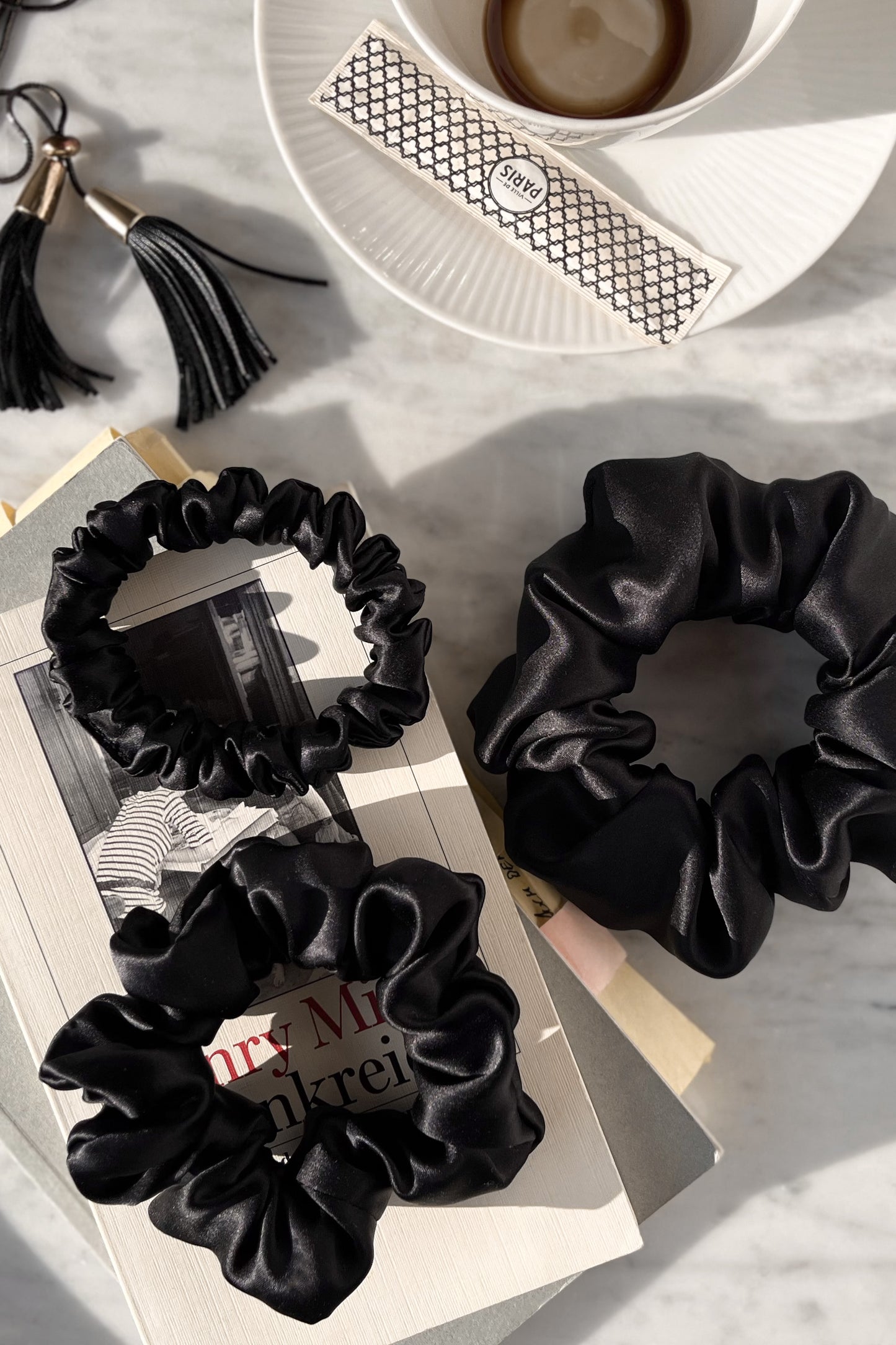 Set of 3 - natural silk scrunchie Black Night