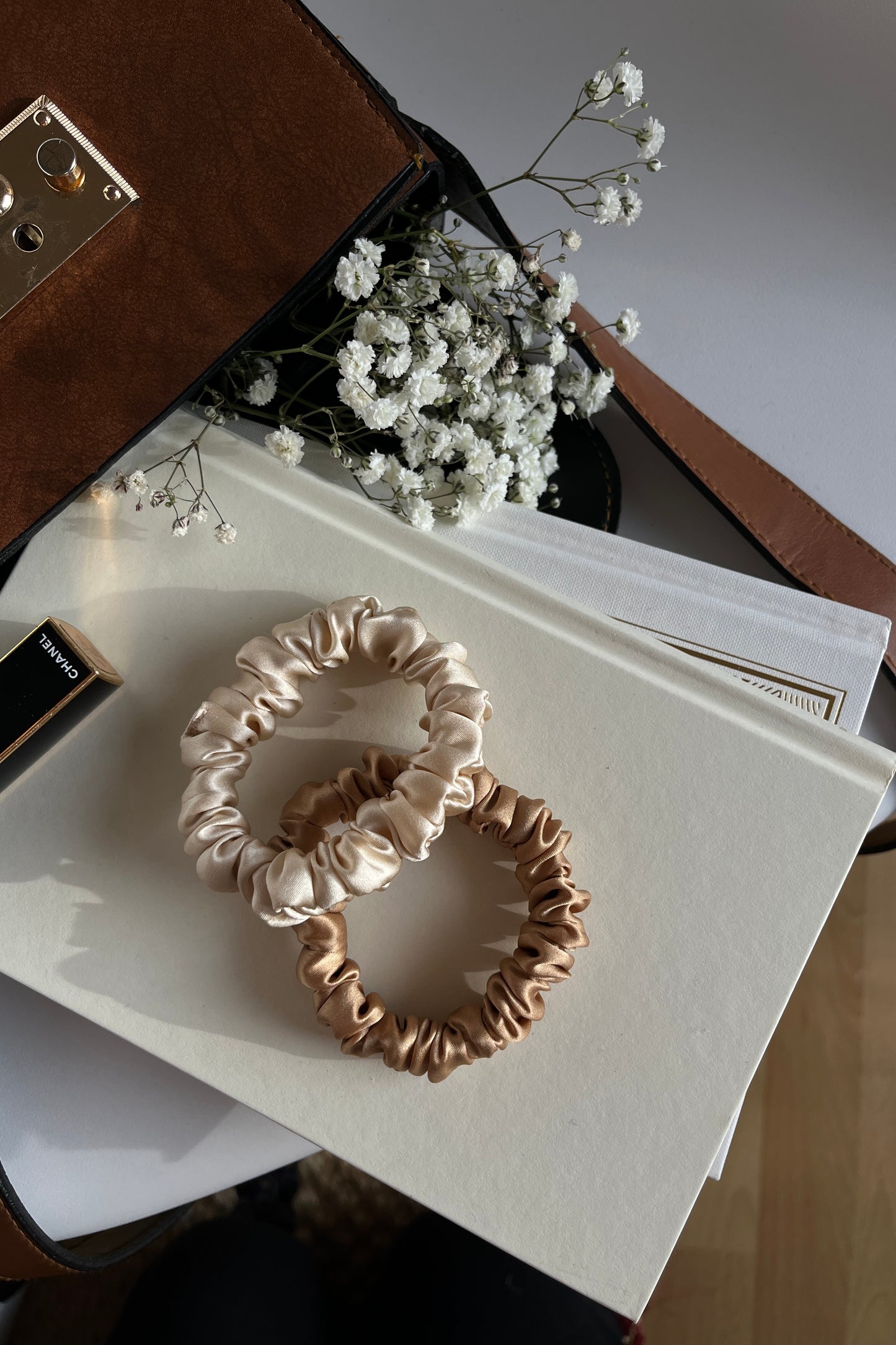 Set of 2 S size natural silk scrunchies - Cappuccino Beige & Golden Palm Katrina Silks