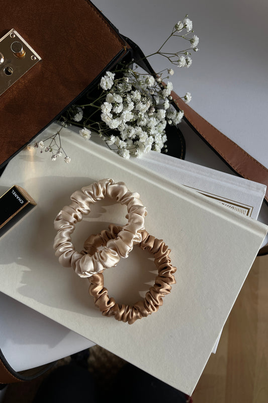 Set of 2 S size natural silk scrunchies - Cappuccino Beige & Golden Palm  Katrina Silks