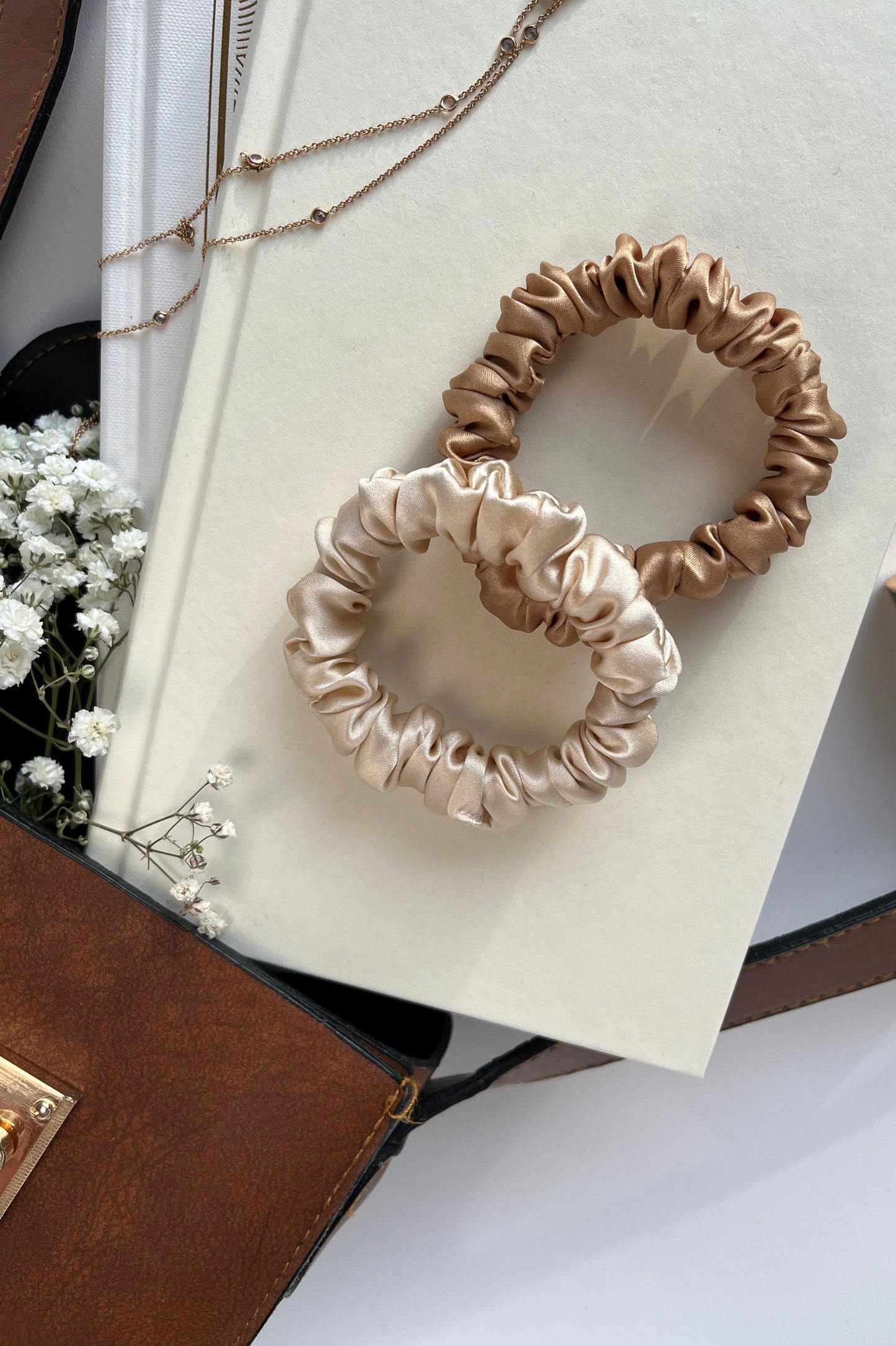 Set of 2 S size natural silk scrunchies - Cappuccino Beige & Golden Palm Katrina Silks