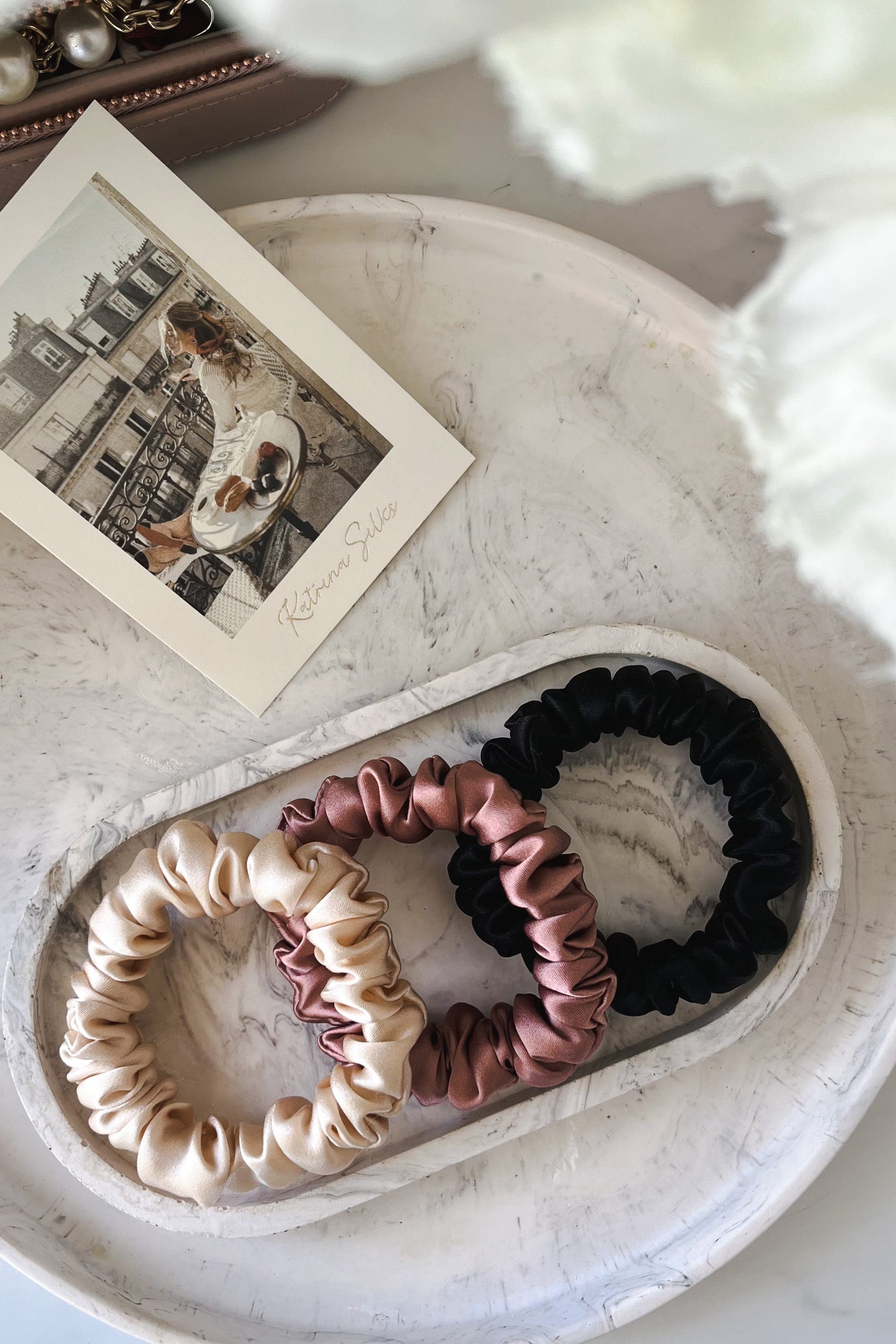 Set of 3 S size natural silk scrunchies - cappuccino beige, powder rose & black night Katrina Silks