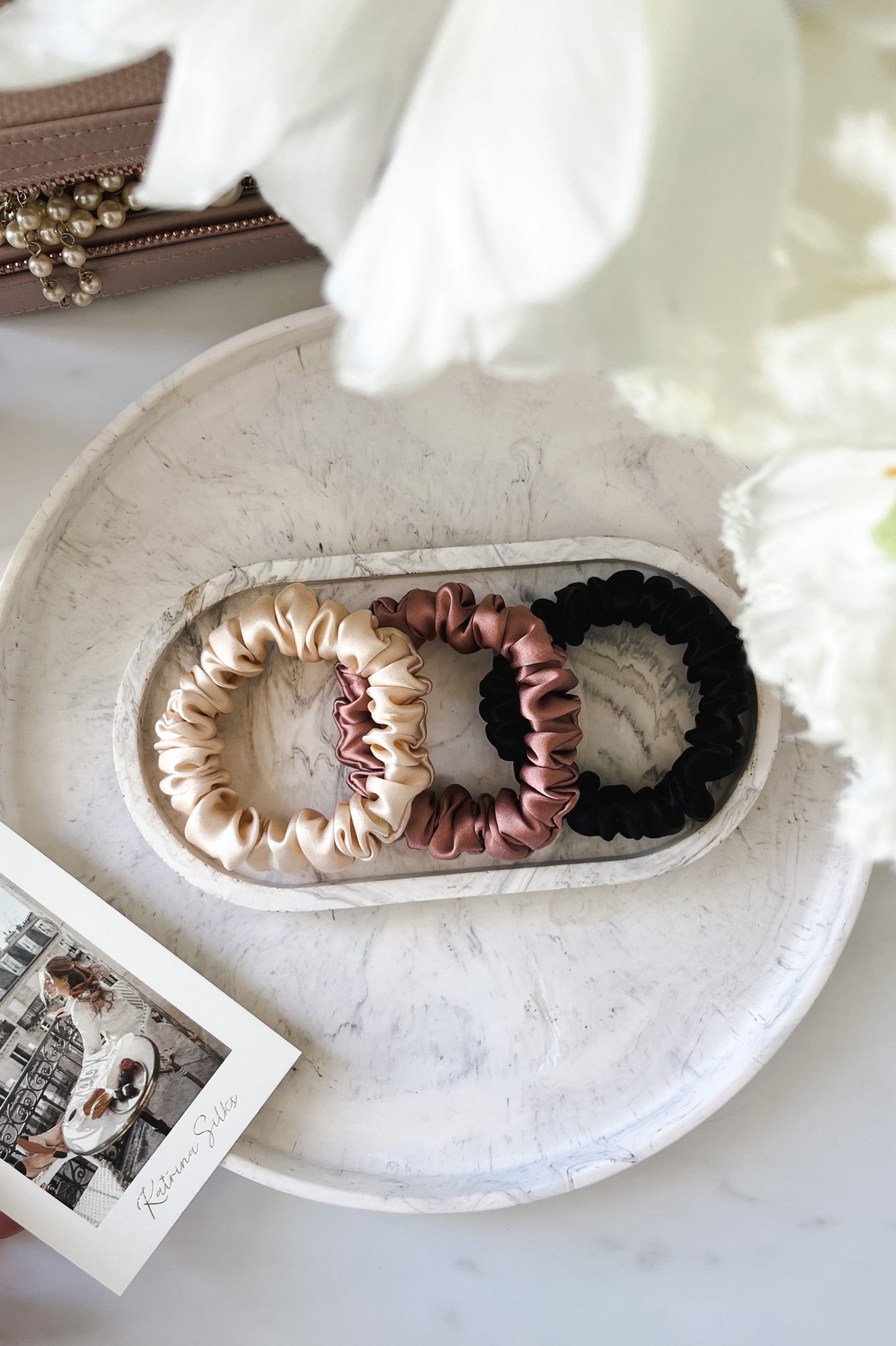 Set of 3 S size natural silk scrunchies - cappuccino beige, powder rose & black night Katrina Silks