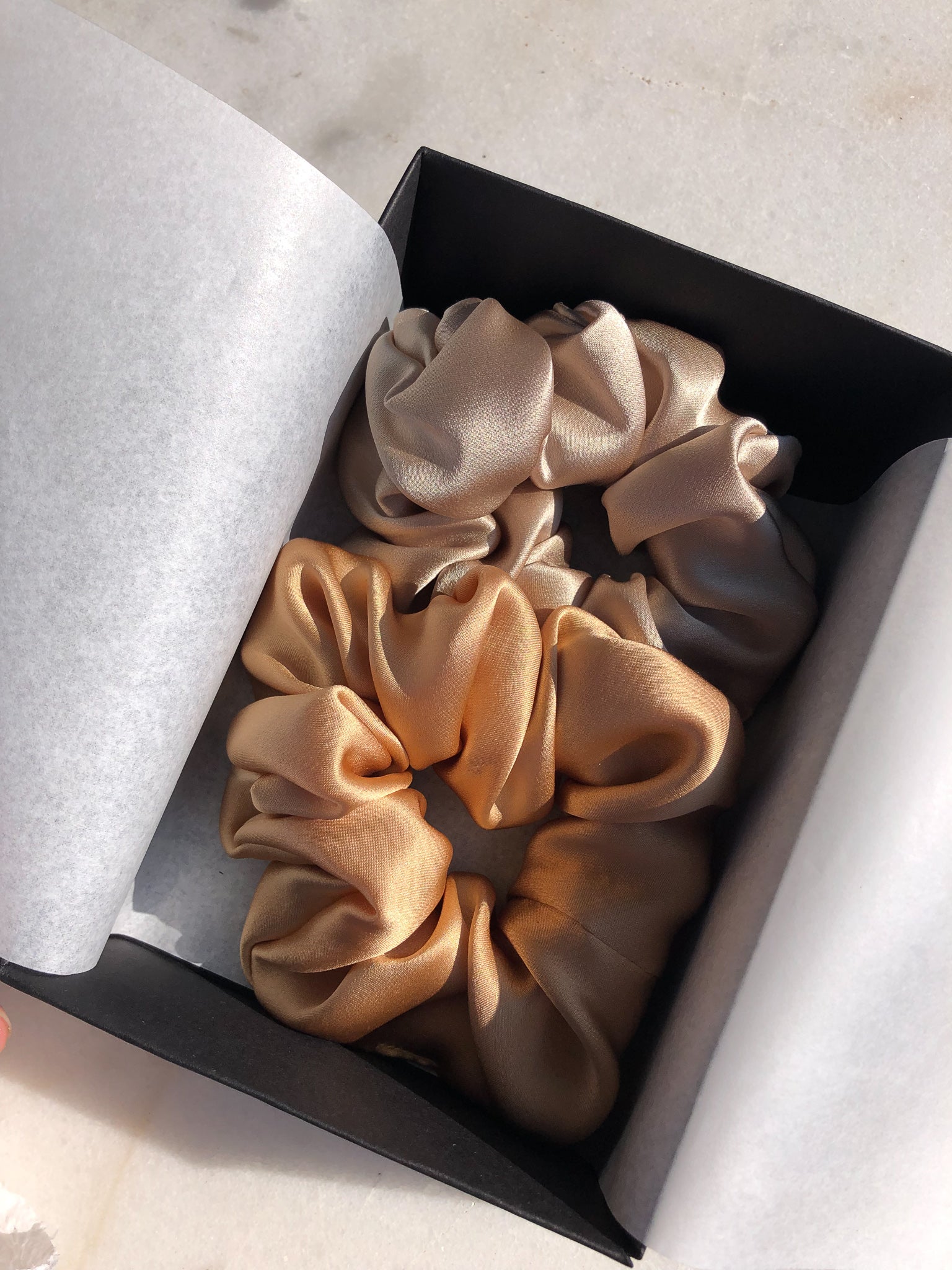 Set of 2 L size natural silk scrunchies - golden palm & porcelain sand  Katrina Silks