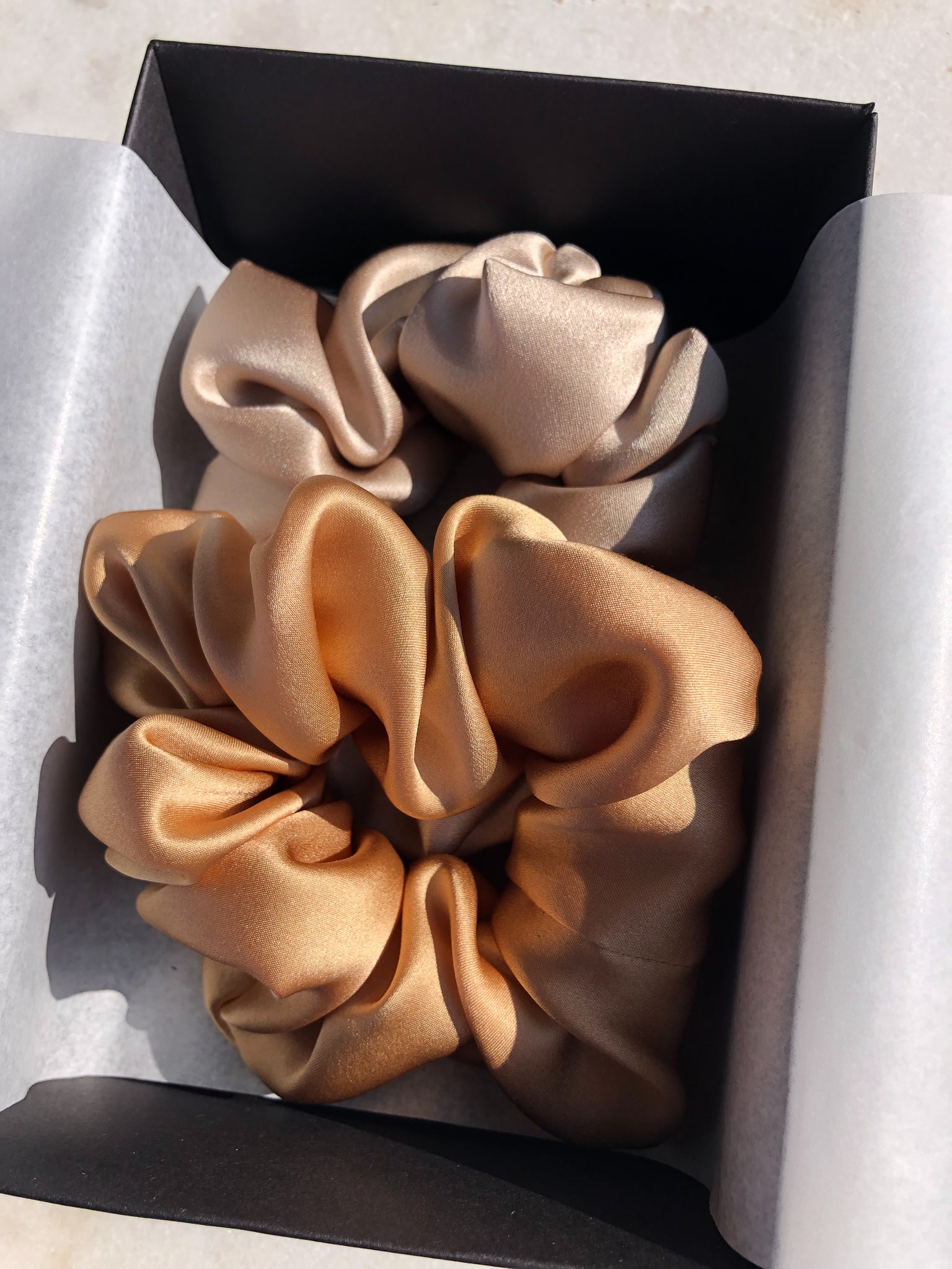 Set of 2 L size natural silk scrunchies - golden palm & porcelain sand  Katrina Silks