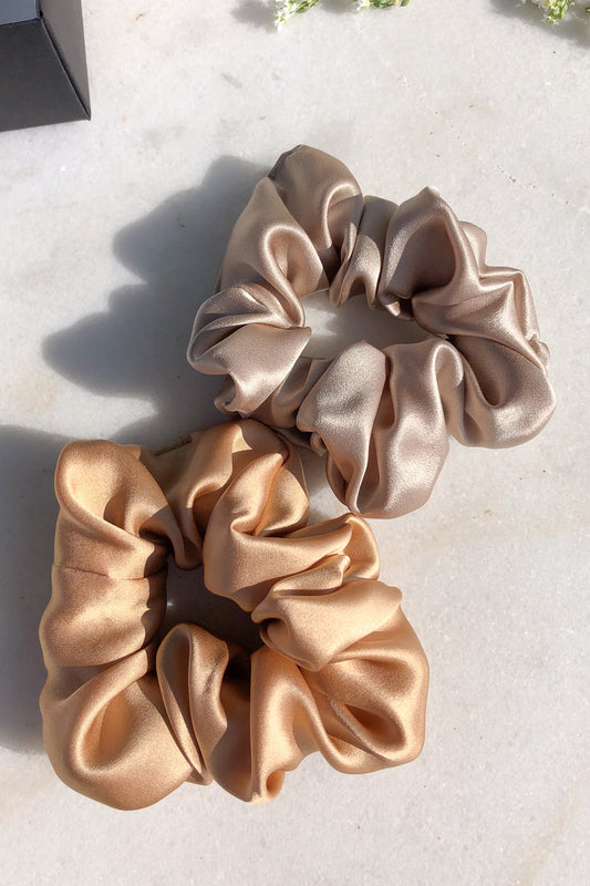 Set of 2 L size natural silk scrunchies - golden palm & porcelain sand  Katrina Silks