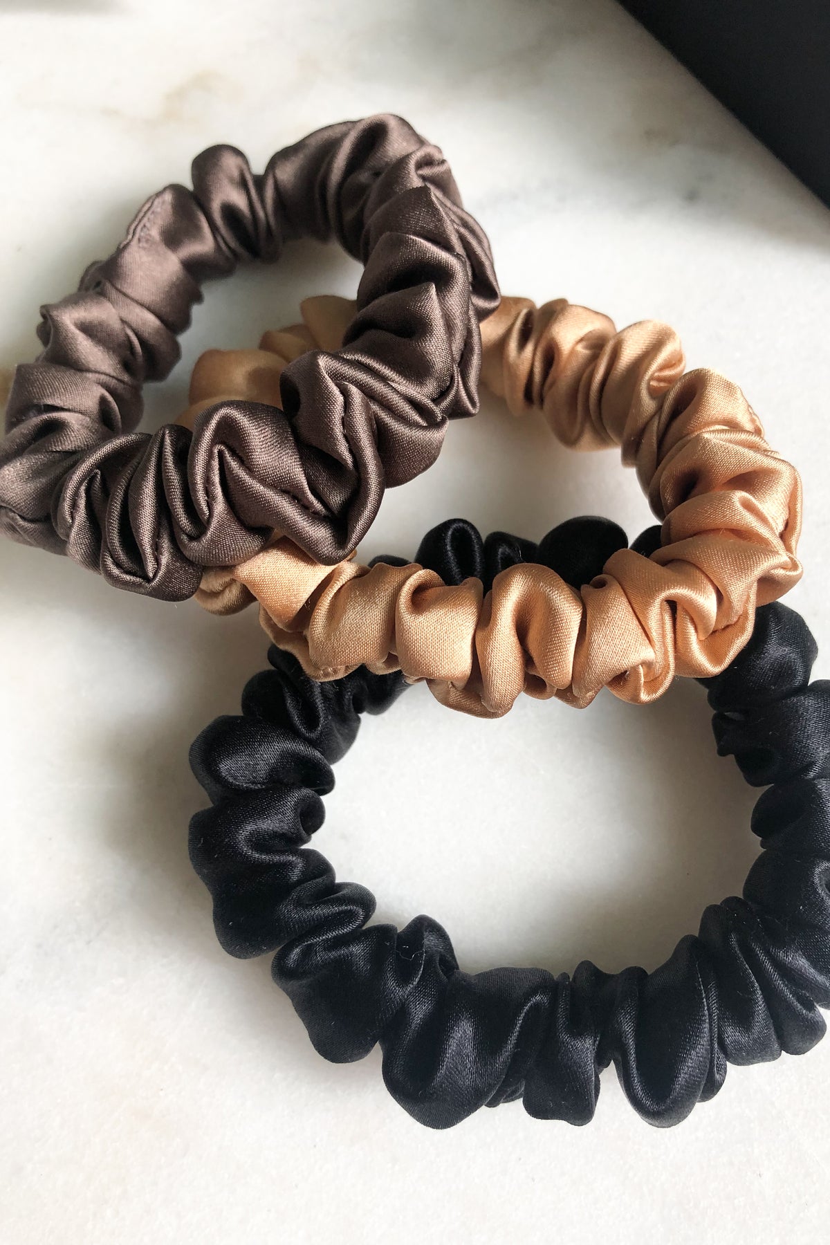 Set of 3 S size natural silk scrunchies - delicious mocha, golden palm & black night Katrina Silks