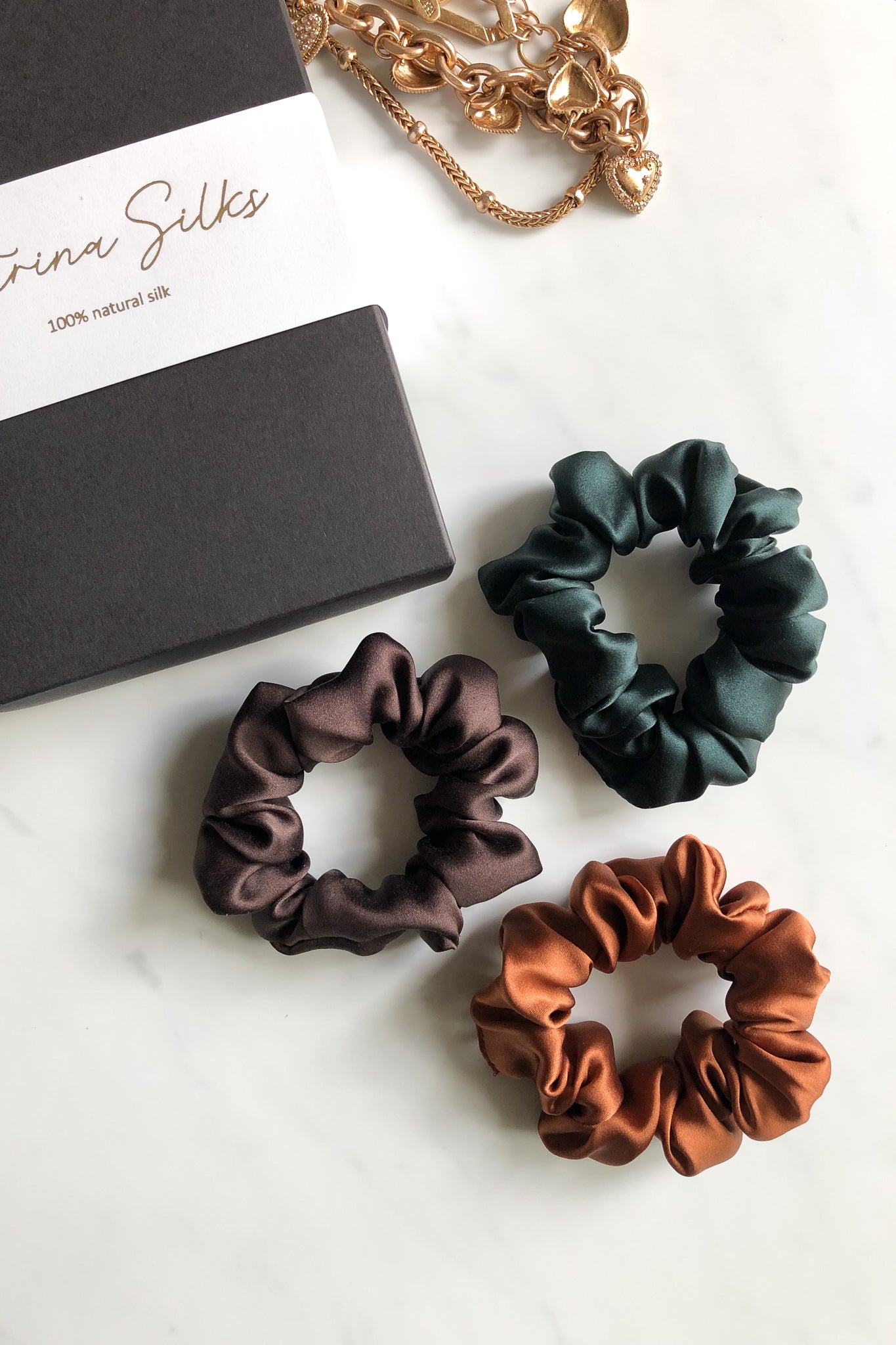 Set of 3 M size natural silk scrunchies - cannelle elegante, chocolate brown, eden green Katrina Silks