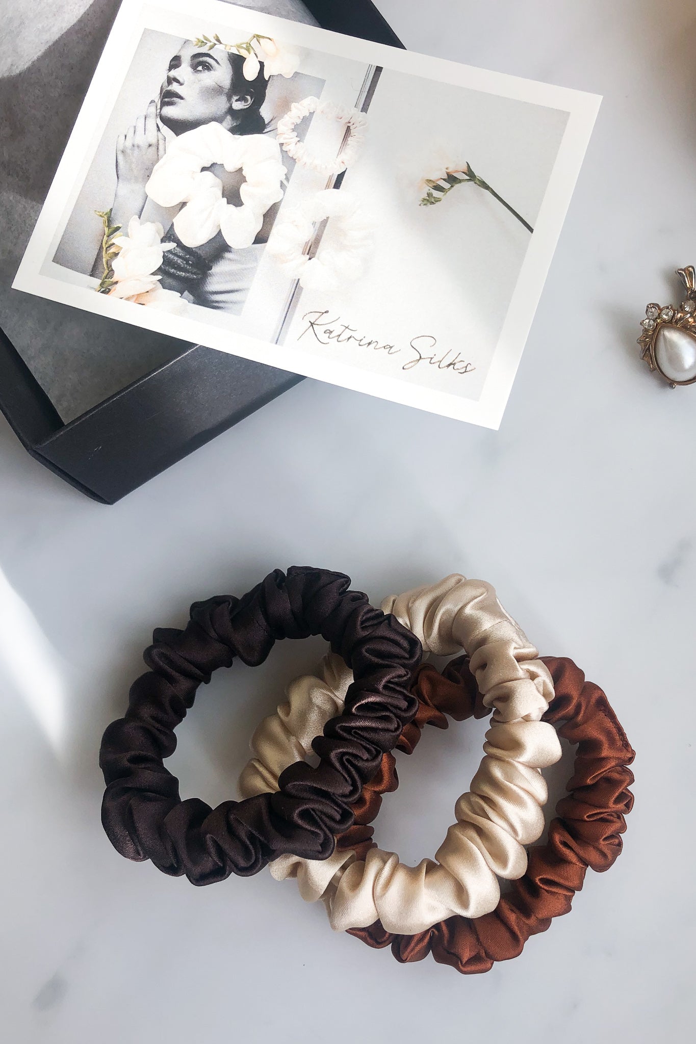 Set of 3 S size natural silk scrunchies - cappuccino beige, chocolate brown & cannelle elegante Katrina Silks