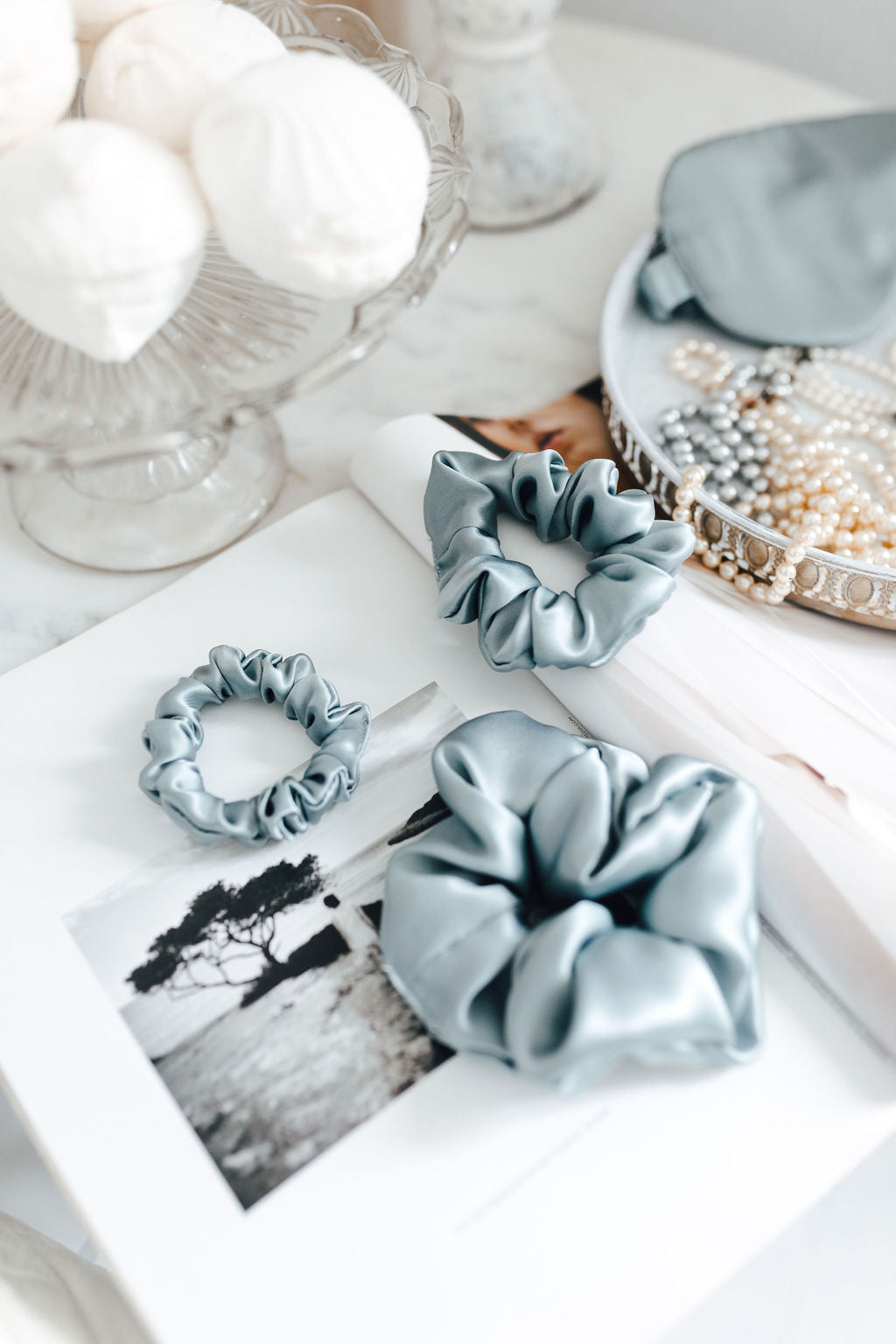 Set of 3 - natural silk scrunchie Misty Blue Katrina Silks