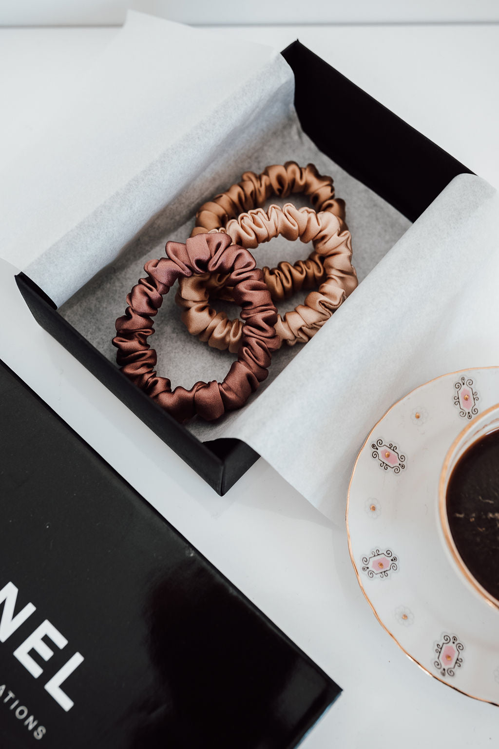 Set of 3 S size scrunchies - cappuccino beige, powder rose & golden palm Katrina Silks