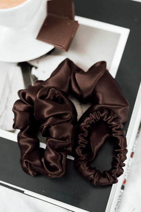 Set of 3 - natural silk scrunchie Chocolate brown Katrina Silks