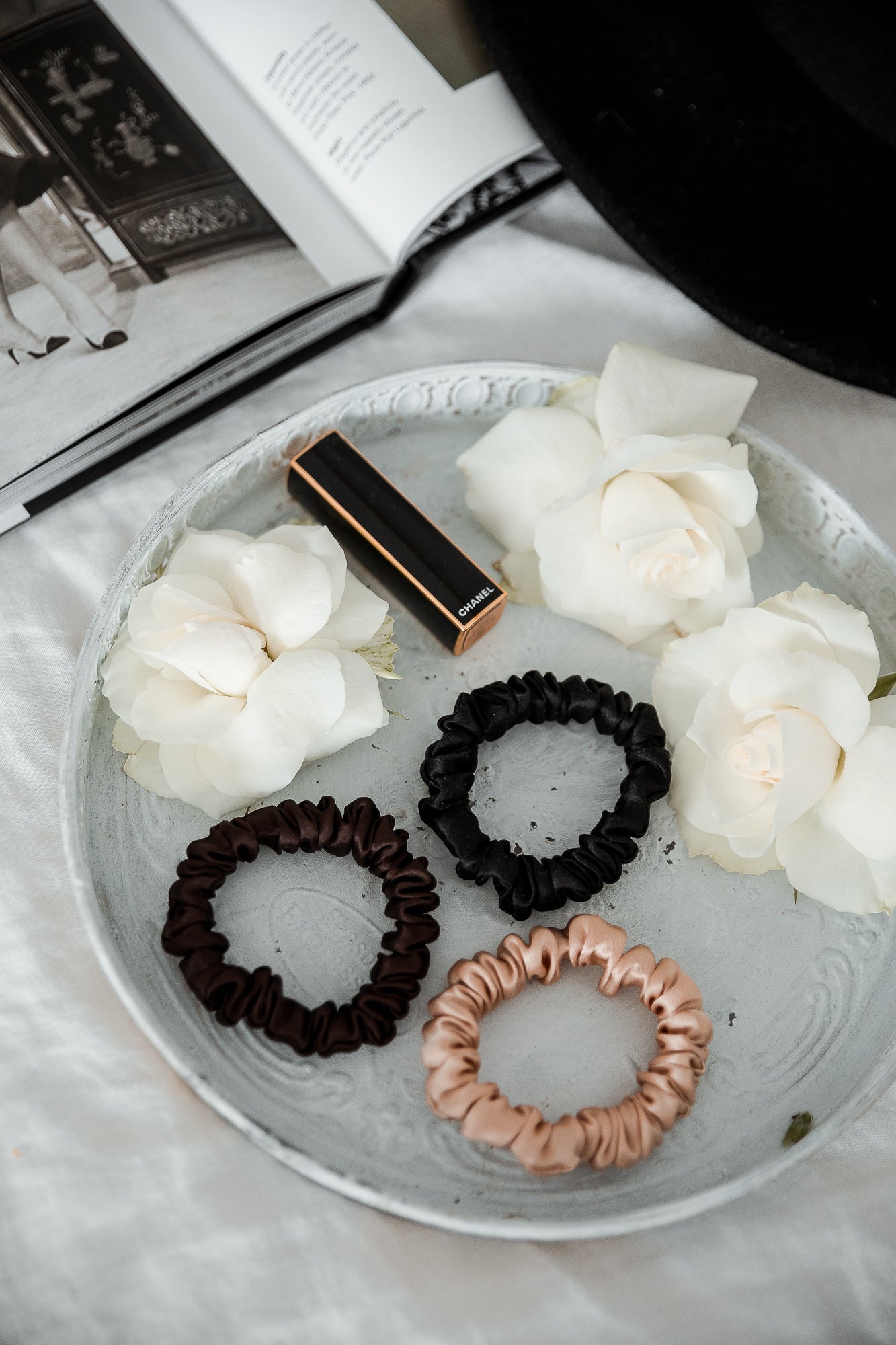 Set of 3 S size natural silk scrunchies - cappuccino beige, chocolate brown & black night Katrina Silks