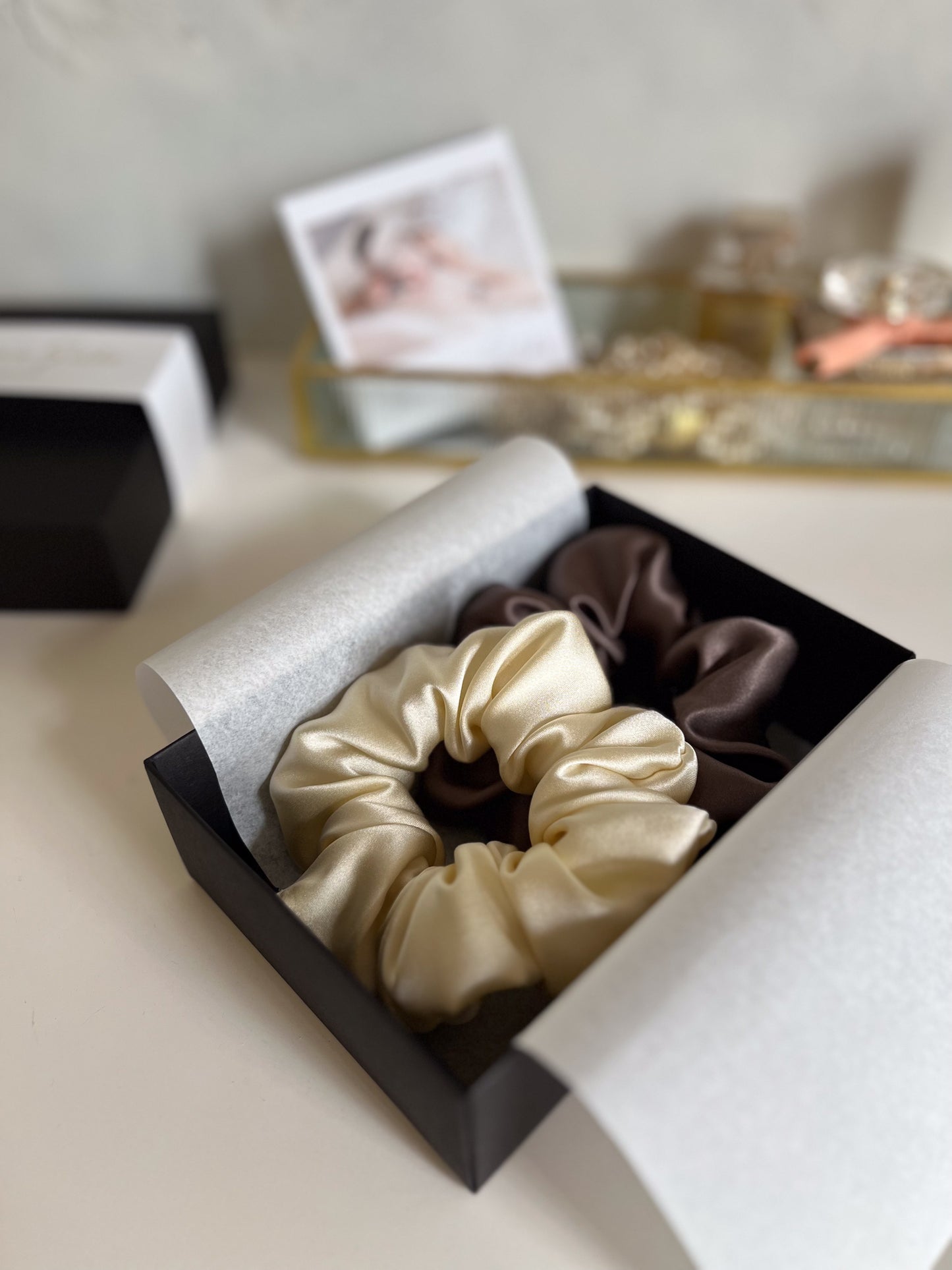 Set of 2 L size natural silk scrunchies - Delicious Mocha & French Champagne  Katrina Silks   