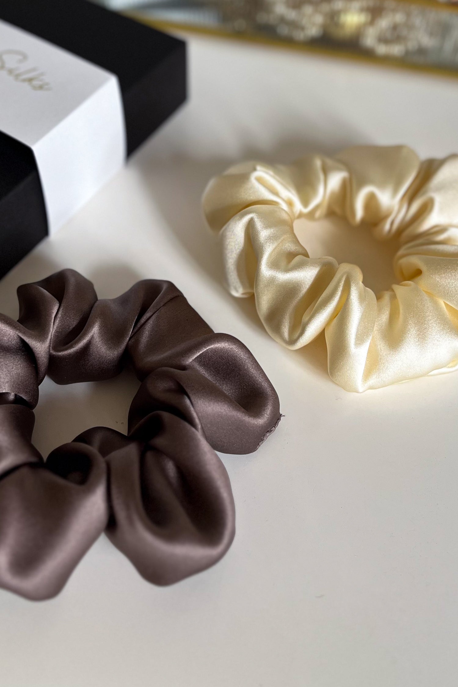 Set of 2 L size natural silk scrunchies - Delicious Mocha & French Champagne  Katrina Silks   