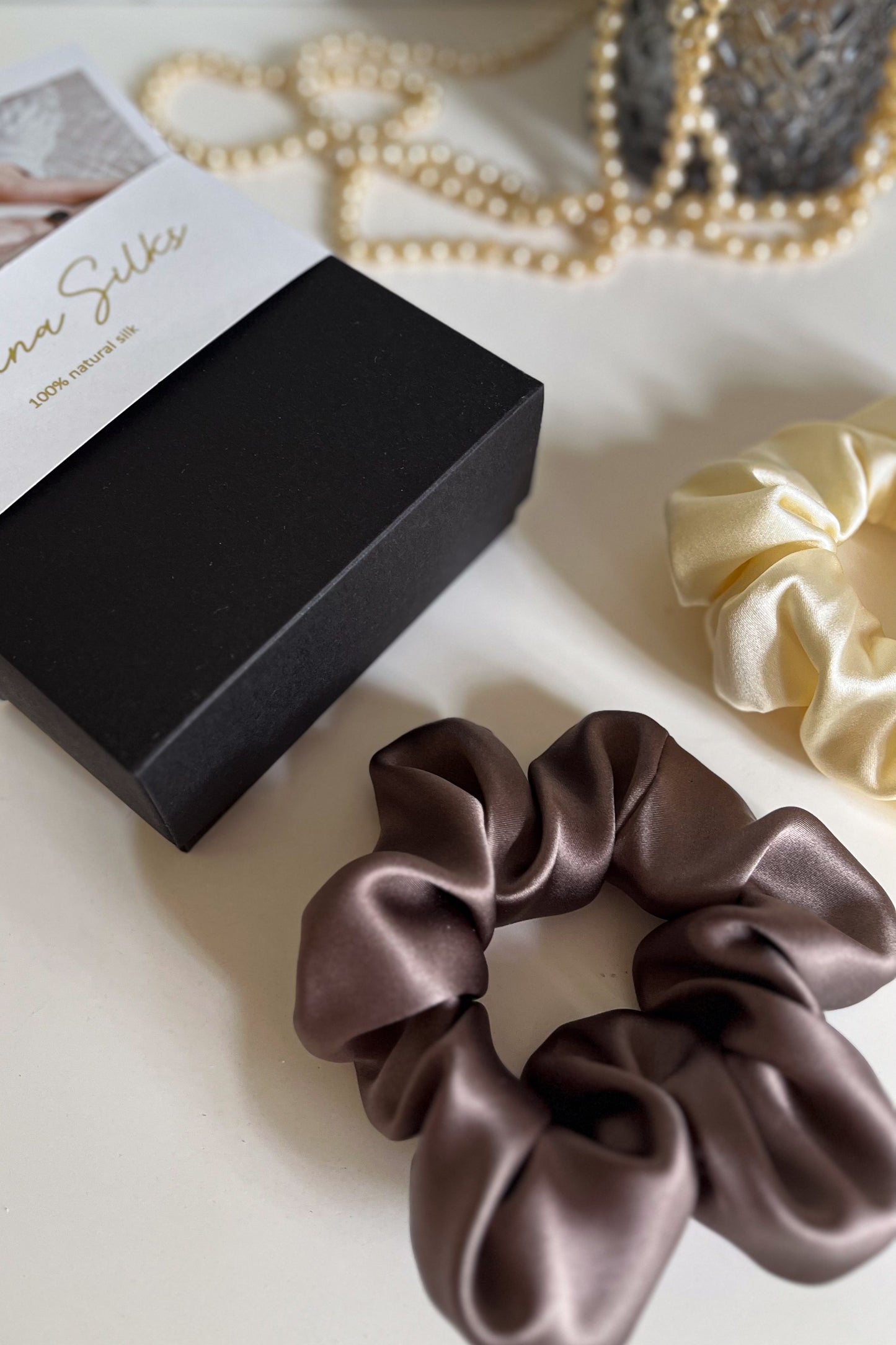 Set of 2 L size natural silk scrunchies - Delicious Mocha & French Champagne  Katrina Silks   