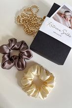 Load image into Gallery viewer, Set of 2 L size natural silk scrunchies - Delicious Mocha &amp; French Champagne  Katrina Silks   
