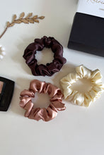 Load image into Gallery viewer, Set of 3 M size natural silk scrunchies - morning dawn, french champagne &amp; chocolate brown  Katrina Silks   
