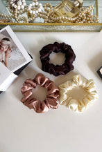 Load image into Gallery viewer, Set of 3 M size natural silk scrunchies - morning dawn, french champagne &amp; chocolate brown  Katrina Silks   
