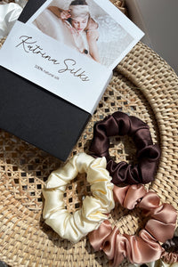 Set of 3 M size natural silk scrunchies - morning dawn, french champagne & chocolate brown  Katrina Silks   