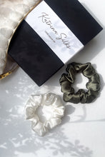 Load image into Gallery viewer, Set of 2 M size natural silk scrunchies - vineyard green &amp; white pearl
