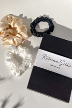 Load image into Gallery viewer, Set of 3 - natural silk scrunchie Cappuccino Beige, White Pearl &amp; Black Night  Katrina Silks   
