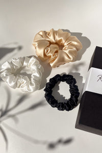 Set of 3 - natural silk scrunchie Cappuccino Beige, White Pearl & Black Night  Katrina Silks   