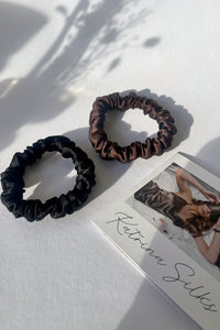 Set of 2 natural silk scrunchies - Chocolate Brown & Black Night I S size