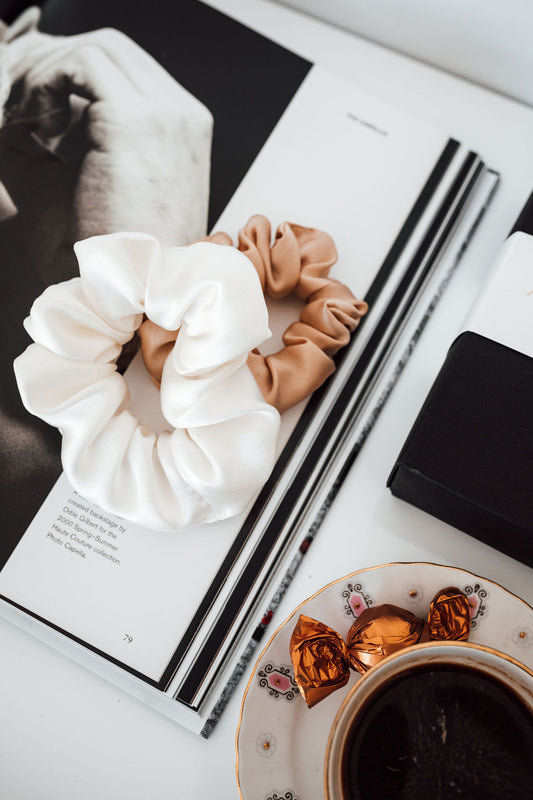 Set of 2 natural silk scrunchies M & L I Golden Palm & White Pearl