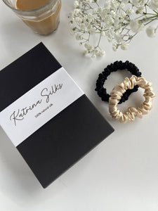Bestseller Set of 2 natural silk scrunchies - Cappuccino Beige & Black Night I S size Scrunchies Katrina Silks   