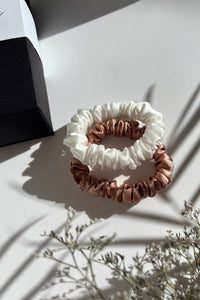Set of 2 S size natural silk scrunchies - Morning Dawn & White Pearl