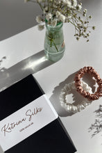 Load image into Gallery viewer, Set of 2 S size natural silk scrunchies - Morning Dawn &amp; White Pearl
