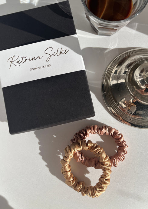 Set of 2 S size natural silk scrunchies - Morning Dawn & Golden Palm  Katrina Silks   
