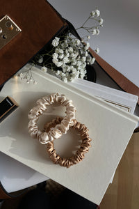 Set of 2 S size natural silk scrunchies - Cappuccino Beige & Golden Palm