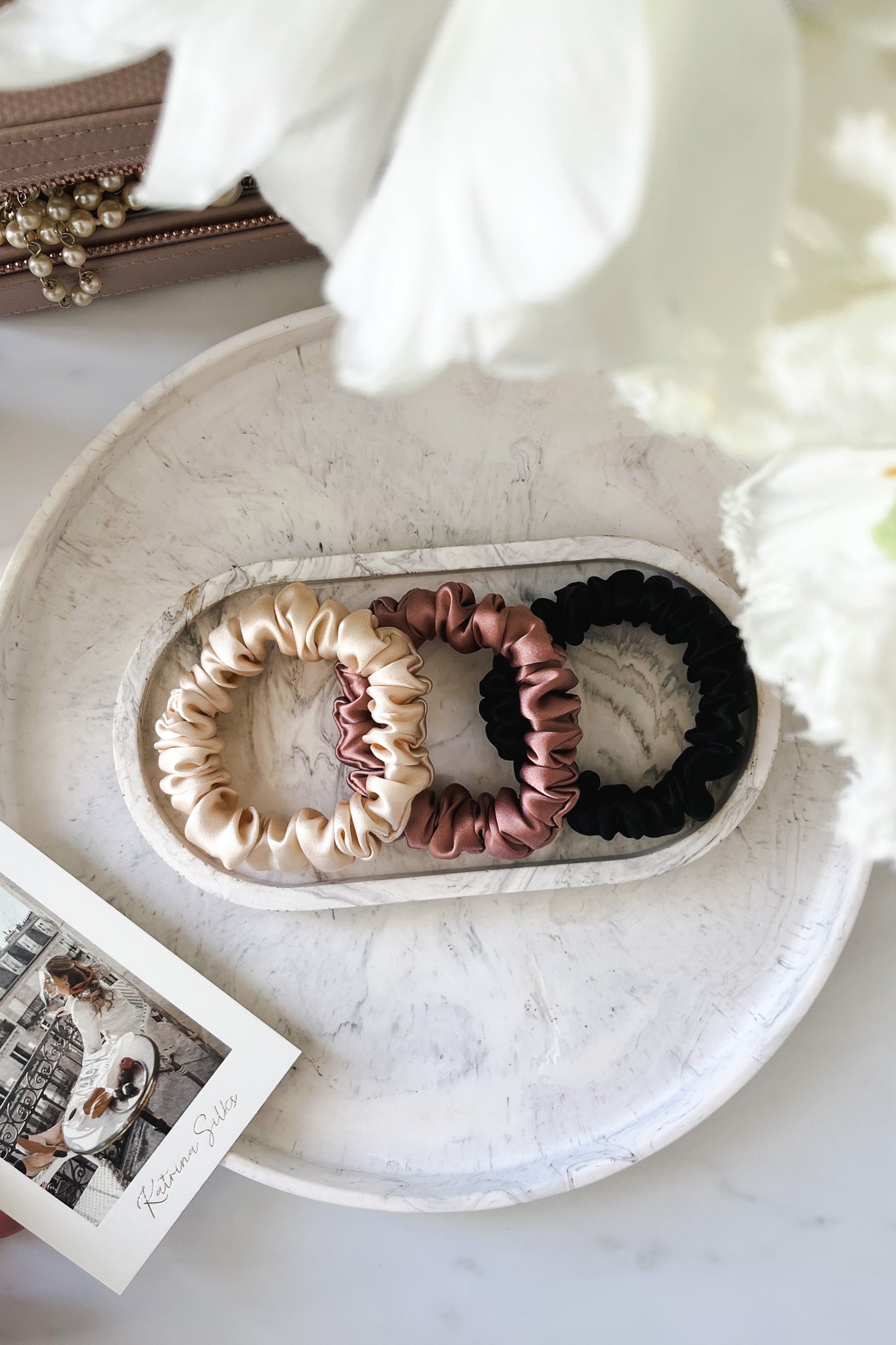 Set of 3 S size natural silk scrunchies - cappuccino beige, powder rose & black night  Katrina Silks   
