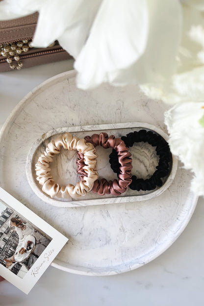 Set of 3 S size natural silk scrunchies - cappuccino beige, powder rose & black night  Katrina Silks   