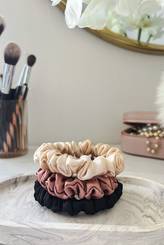 Set of 3 S size natural silk scrunchies - cappuccino beige, powder rose & black night  Katrina Silks   