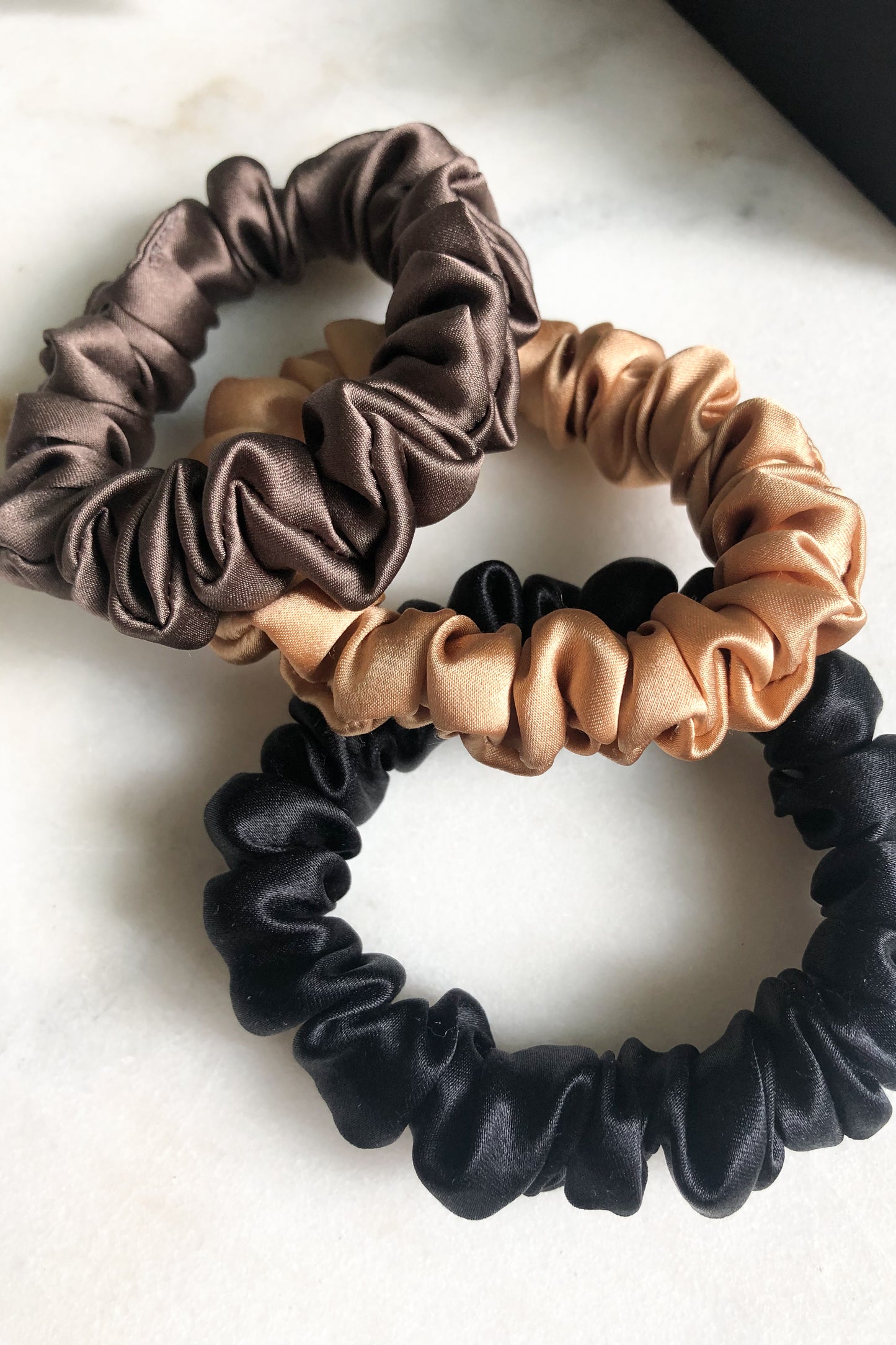 Set of 3 S size natural silk scrunchies - delicious mocha, golden palm & black night  Katrina Silks   