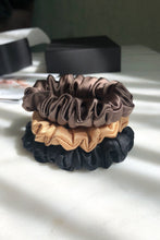 Load image into Gallery viewer, Set of 3 S size natural silk scrunchies - delicious mocha, golden palm &amp; black night  Katrina Silks   
