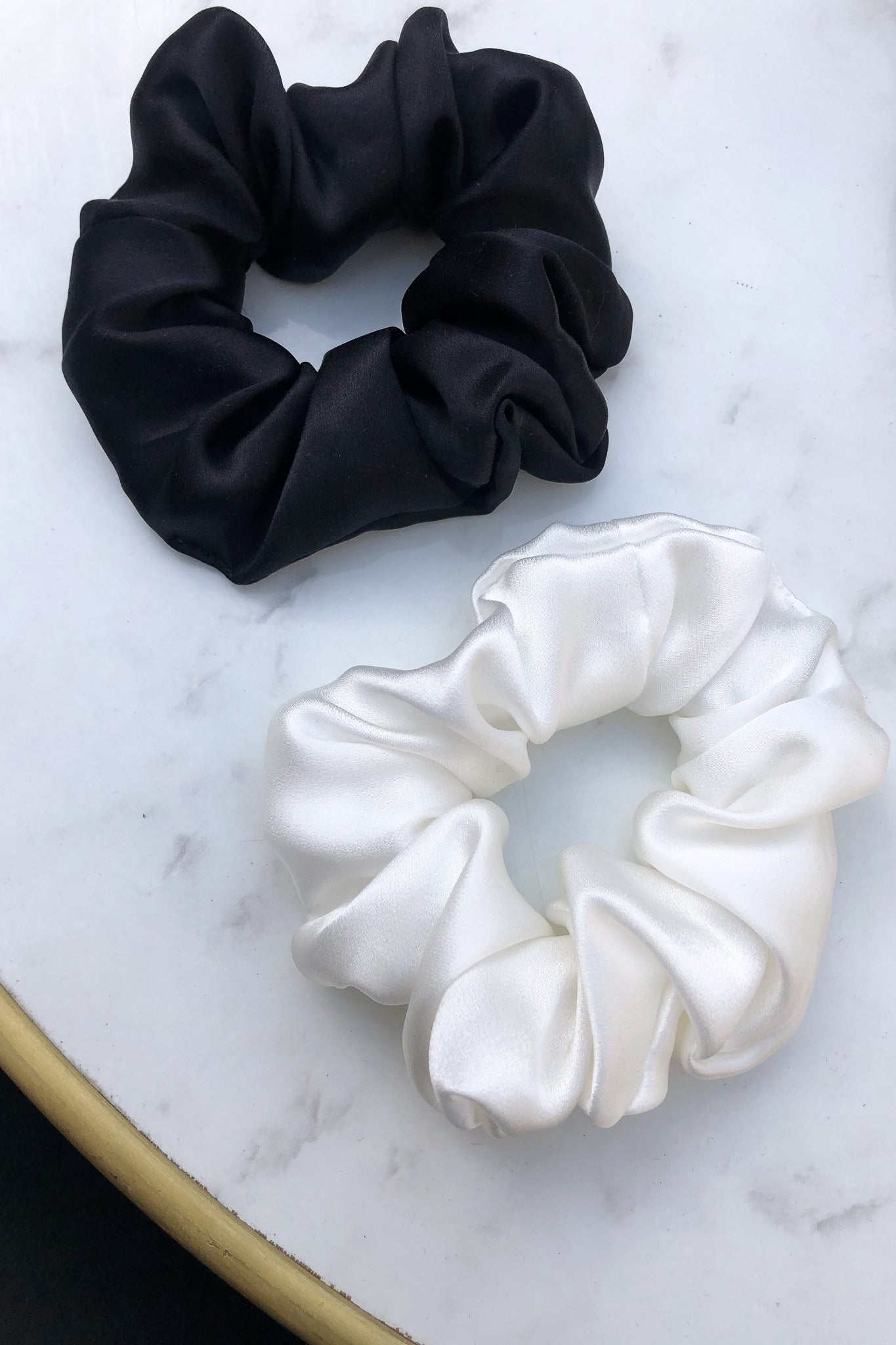 Set of 2 L size natural silk scrunchies - white pearl & black night  Katrina Silks   