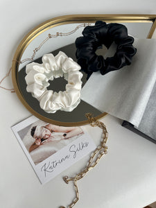 Set of 2 M size natural silk scrunchies - black night & white pearl