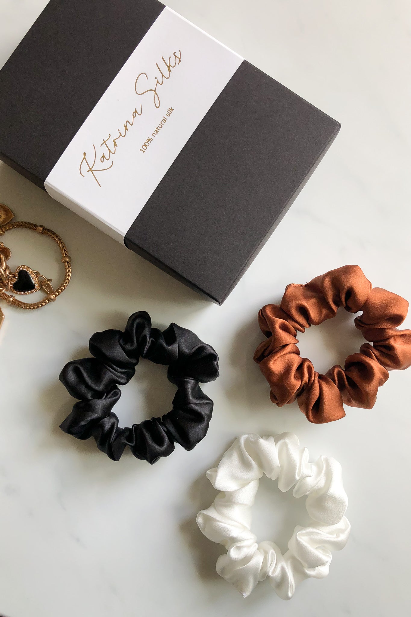 Set of 3 M size natural silk scrunchies - cannelle elegante, black night & white pearl  Katrina Silks   