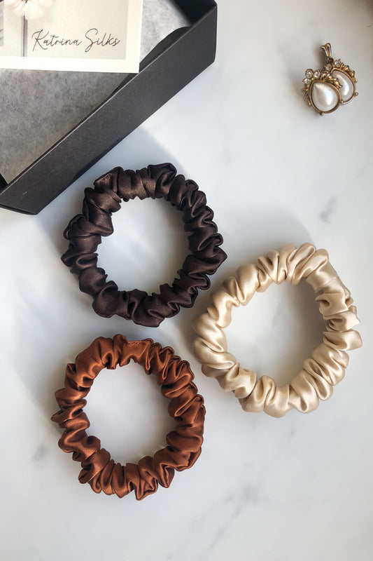 Set of 3 S size natural silk scrunchies - cappuccino beige, chocolate brown & cannelle elegante  Katrina Silks   