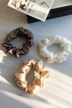 Load image into Gallery viewer, Set of 3 M size natural silk scrunchies - cappuccino beige, delicious mocha &amp; white pearl
