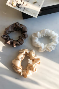 Set of 3 M size natural silk scrunchies - cappuccino beige, delicious mocha & white pearl