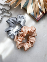Load image into Gallery viewer, Set of 2 L size natural silk scrunchies - cappuccino beige &amp; misty blue  Katrina Silks   
